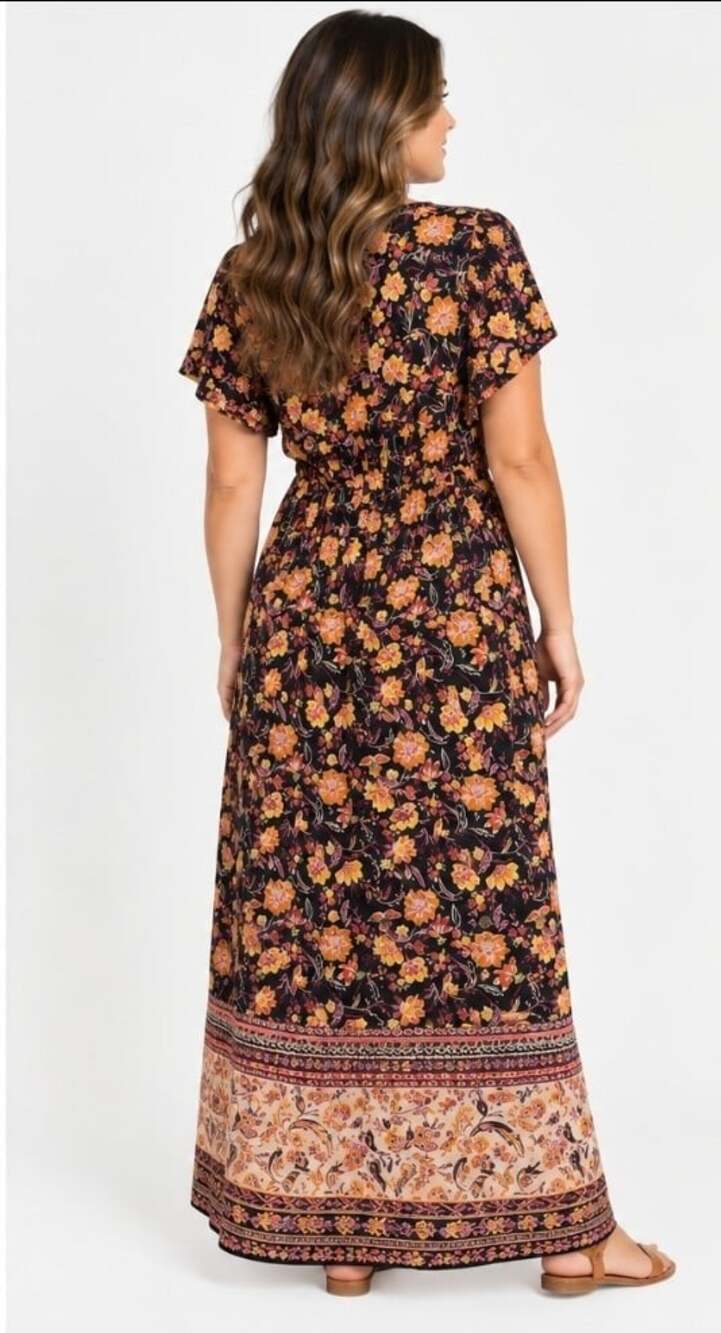 Angie Women’s Sz L Black Floral Boho Maxi Dress Front Slit Border Print NWT T110